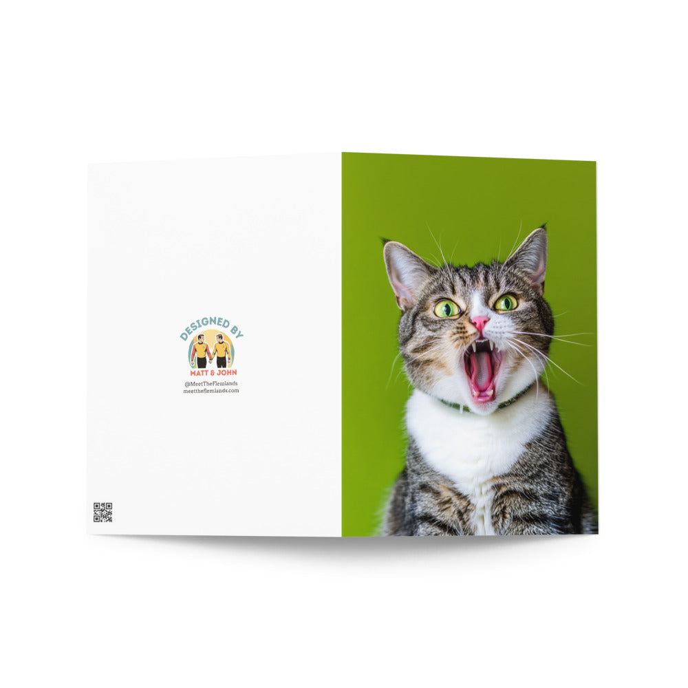 Funny birthday card with a surprised cat illustration and bright colors, designed for unique birthday wishes and laughter-filled celebrations.