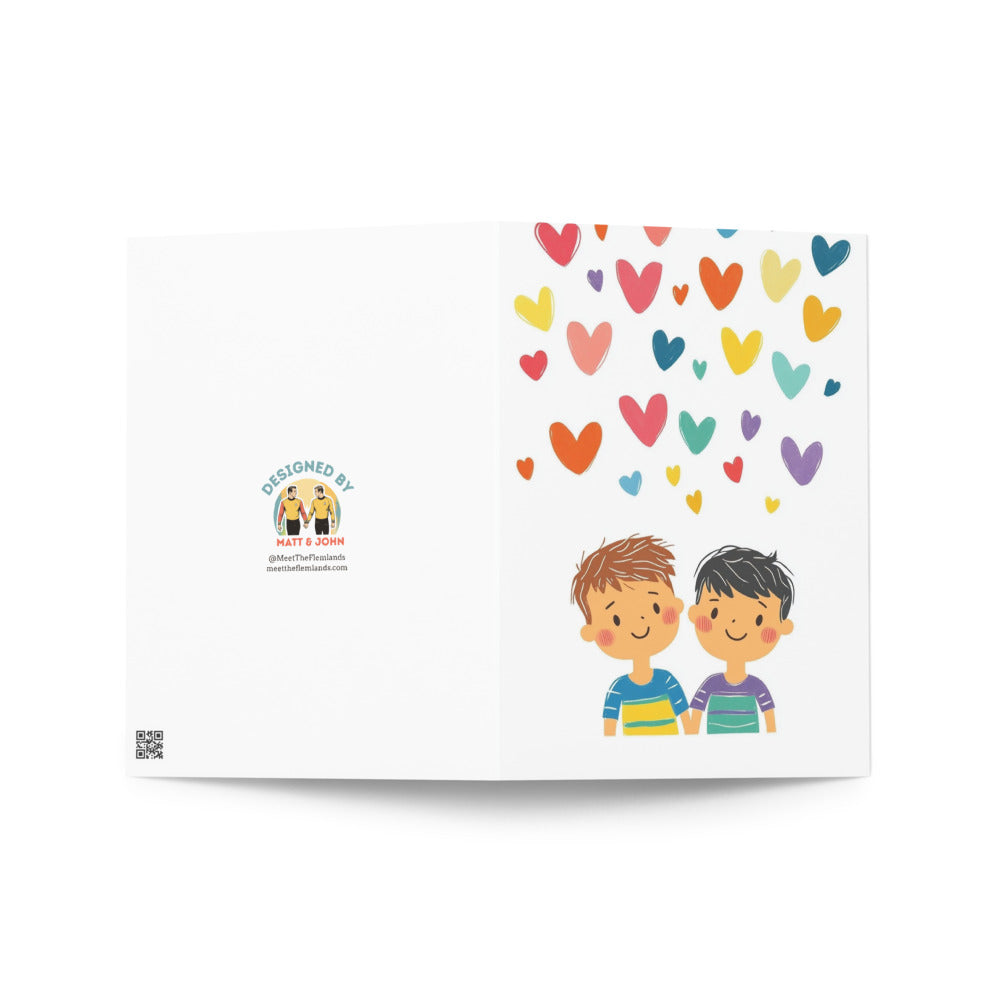 Inside view of a blank greeting card, offering space for personal messages, showcasing the quality design and vibrant colors of the Rainbow Hearts card.