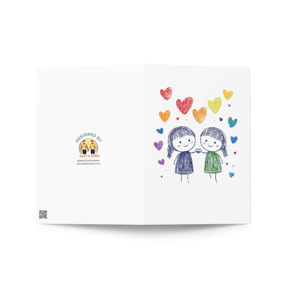 Colorful and vibrant greeting card featuring a pencil-style illustration of two people in love, surrounded by whimsical rainbow hearts. An ideal choice for any occasion where love is celebrated, such as anniversaries and Valentine's Day.