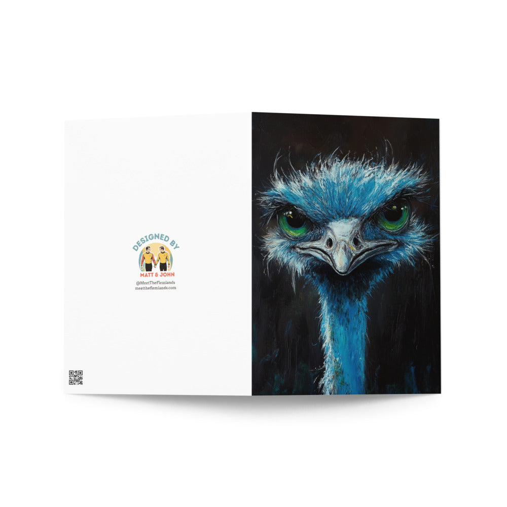 Colorful blue ostrich card with textured brushwork and dramatic light effects, perfect for any occasion, capturing the essence of quirky and artistic designs.