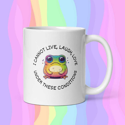 Adorable white mug featuring an anxious frog design, perfect for coffee lovers who appreciate quirky and funny mugs for their kitchen decor.