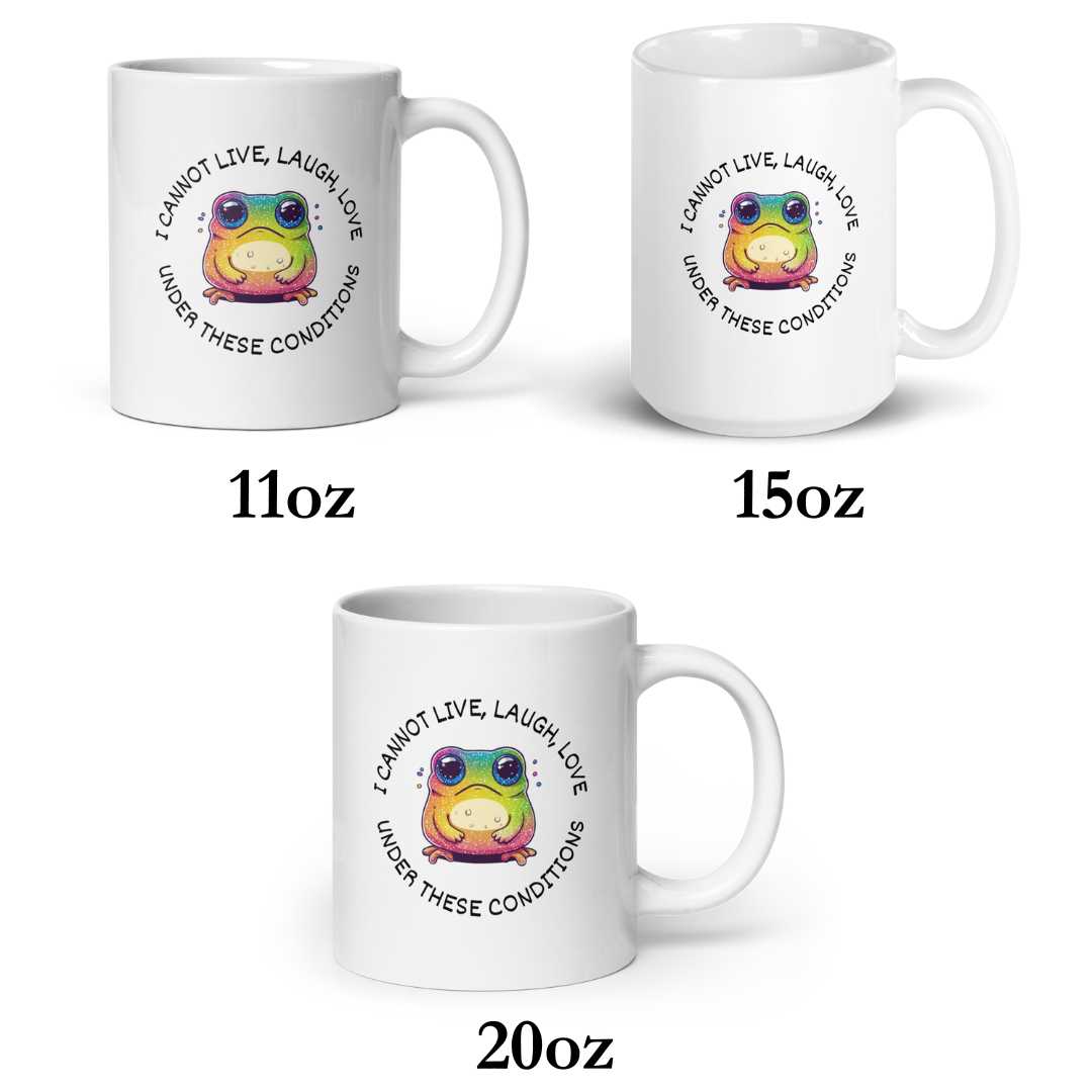 Adorable white mug featuring an anxious frog design, perfect for coffee lovers who appreciate quirky and funny mugs for their kitchen decor.