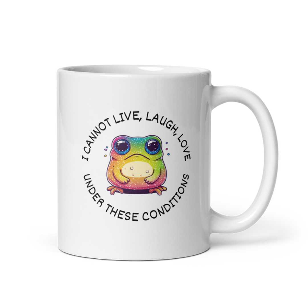 Adorable white mug featuring an anxious frog design, perfect for coffee lovers who appreciate quirky and funny mugs for their kitchen decor.