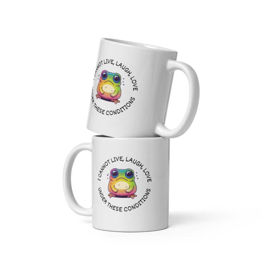 Adorable white mug featuring an anxious frog design, perfect for coffee lovers who appreciate quirky and funny mugs for their kitchen decor.