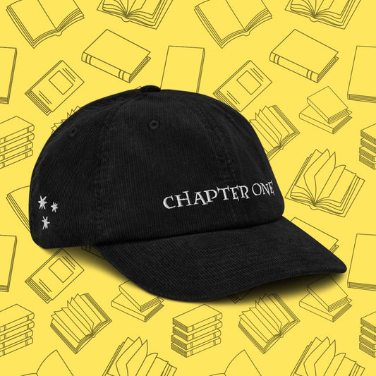 Close-up of "Chapter One" embroidered corduroy hat, a perfect gift for Harry Potter fans and book lovers.