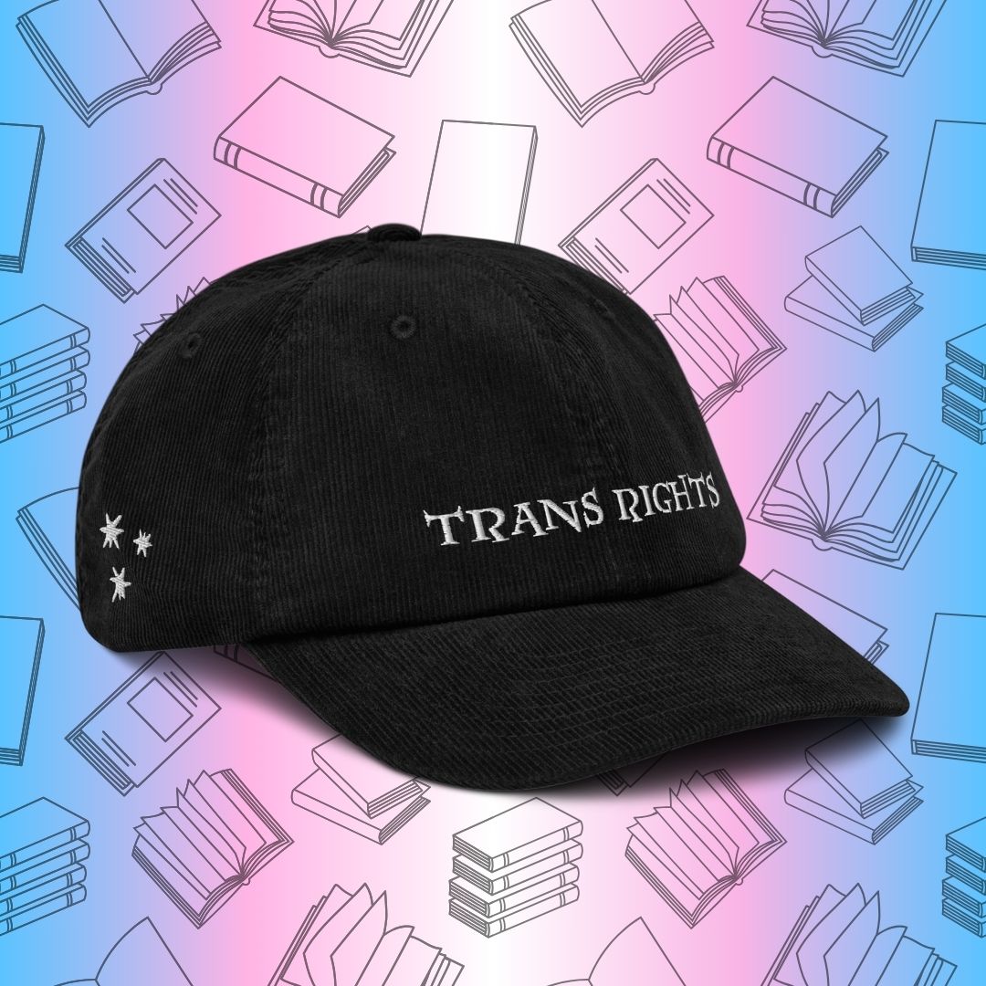 Close-up of "Trans Rights" embroidered corduroy hat, a bold and meaningful statement for Harry Potter and LGBTQ+ fans.