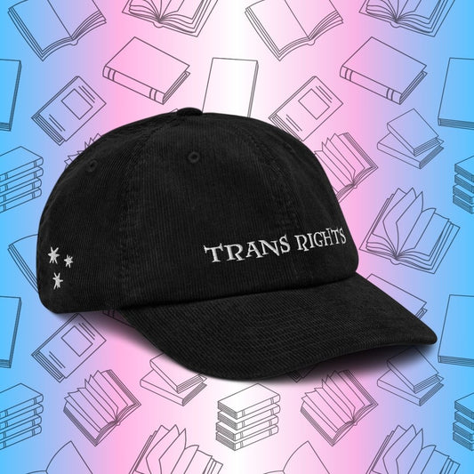 Close-up of "Trans Rights" embroidered corduroy hat, a bold and meaningful statement for Harry Potter and LGBTQ+ fans.