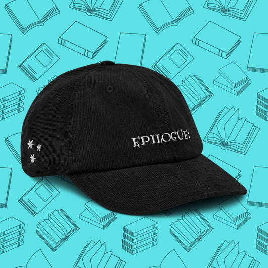 Close-up of "Epilogue" embroidered corduroy hat, a subtle nod to the final chapter of every great magical story.