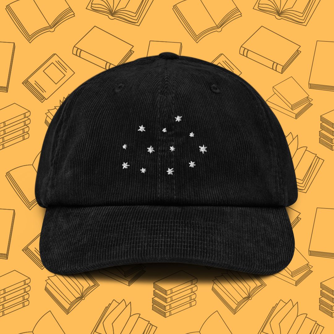 Close-up of "Celestial Stars" embroidered corduroy hat, a subtle nod to the magic and wonder of the wizarding world.