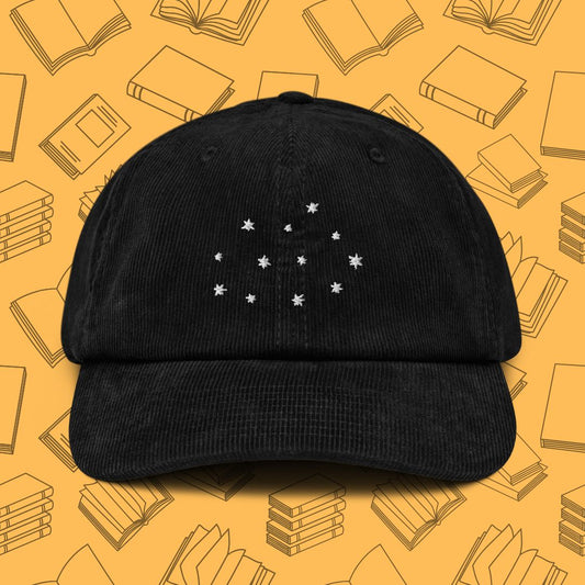 Close-up of "Celestial Stars" embroidered corduroy hat, a subtle nod to the magic and wonder of the wizarding world.