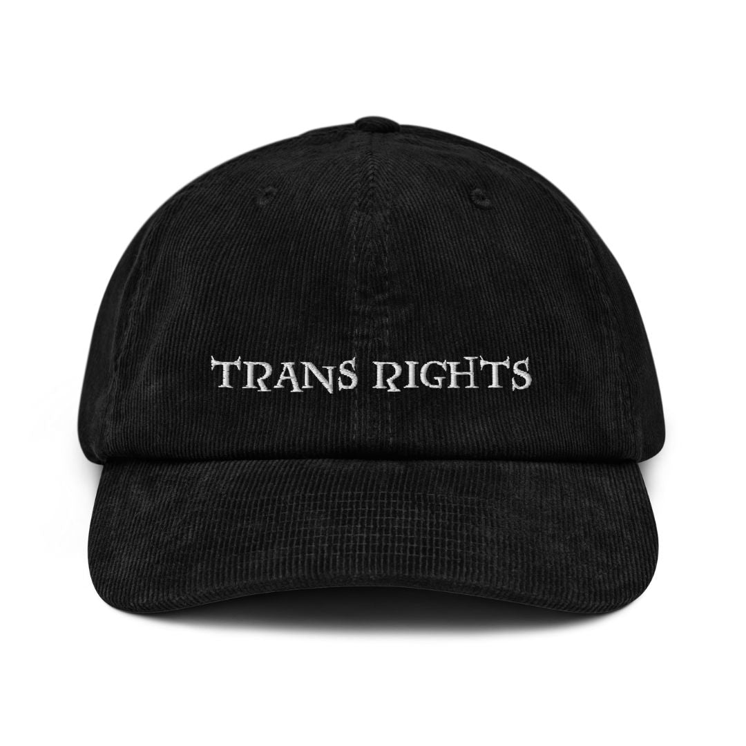 Angled front view of "Trans Rights" aesthetic pride cap, a perfect accessory for allies and queer book lovers.