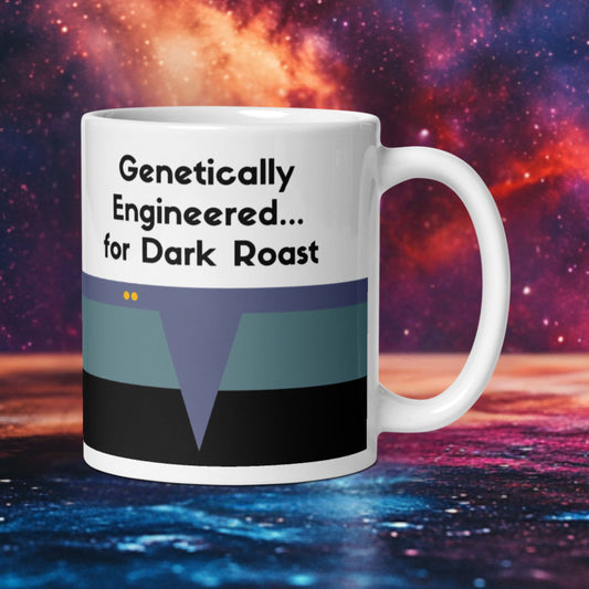 Star Trek DS9 "Genetically Engineered for Dark Roast" Bashir coffee mug, teal Science Division stripe
