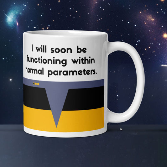 Star Trek TNG Data “Functioning Within Normal Parameters” mug with yellow Operations Division stripe