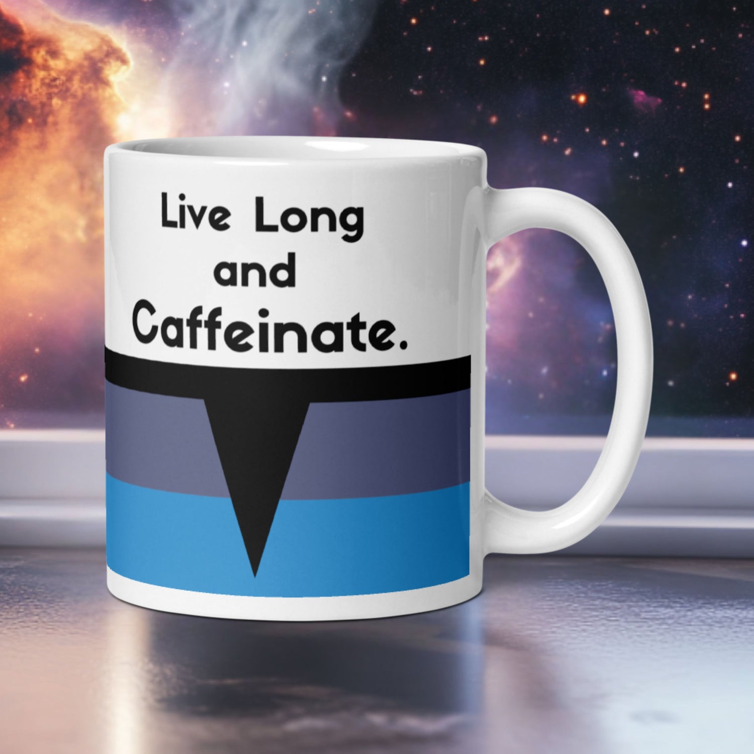 Star Trek TOS "Live Long and Caffeinate" Spock-inspired coffee mug with blue Science Division stripe. "Live Long and Prosper"