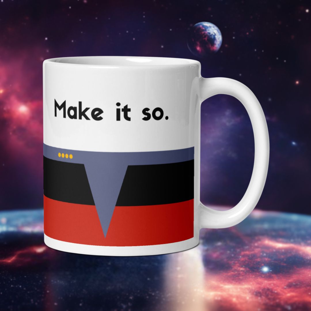 Star Trek "Make it So" mug, Captain Picard TNG-inspired coffee mug with red stripe and captain pips