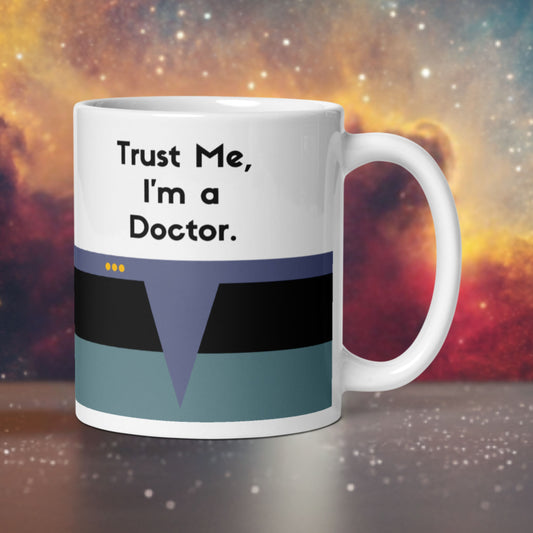 Star Trek TNG Dr. Beverly Crusher "Trust Me, I’m a Doctor" mug, teal Science Division stripe