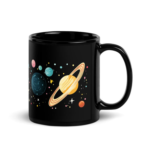 Whimsical Space Black Mug with colorful planets