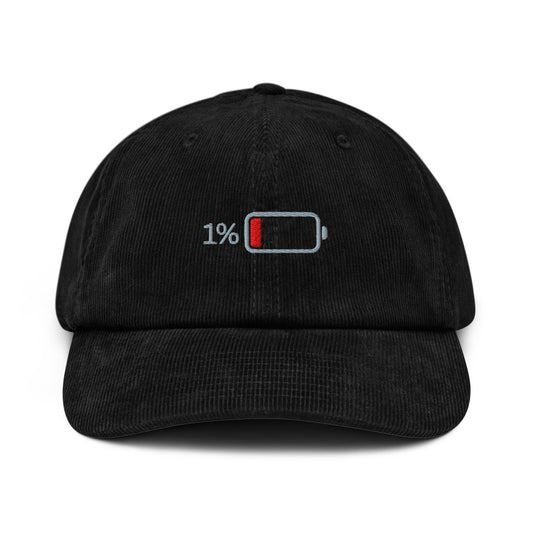 Playful embroidered corduroy hat with battery icon