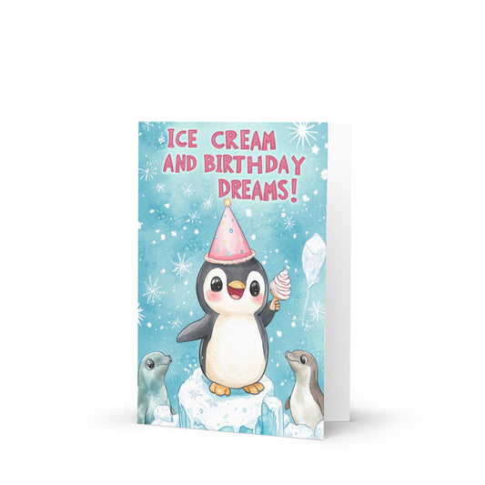 Cute kawaii penguin birthday card with ice cream