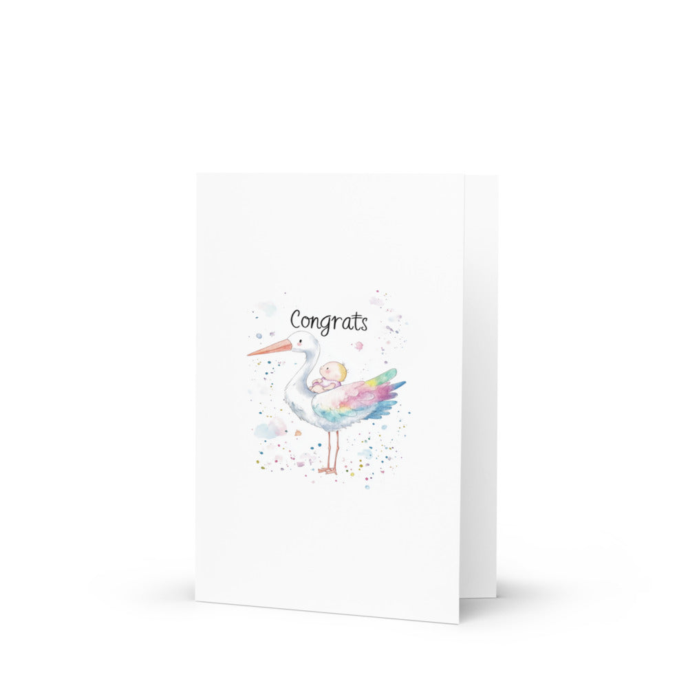 Colorful watercolor greeting card featuring a cute stork with rainbow wings carrying a baby, ideal for congratulating surrogate families on their new arrival, designed in a minimalistic style.