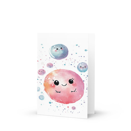 Cute gay embryo greeting card featuring kawaii-style characters celebrating IVF and surrogacy, illustrated in soft pastel watercolor and gouache on a bright white background, perfect for family planning support.