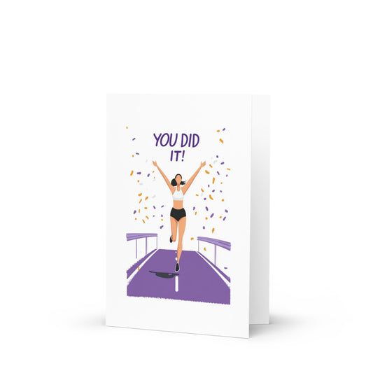 Celebrate running achievements with our Marathon Congrats Card featuring a vibrant illustration of a victorious female runner crossing the finish line surrounded by colorful confetti, designed for women athletes and supporters.