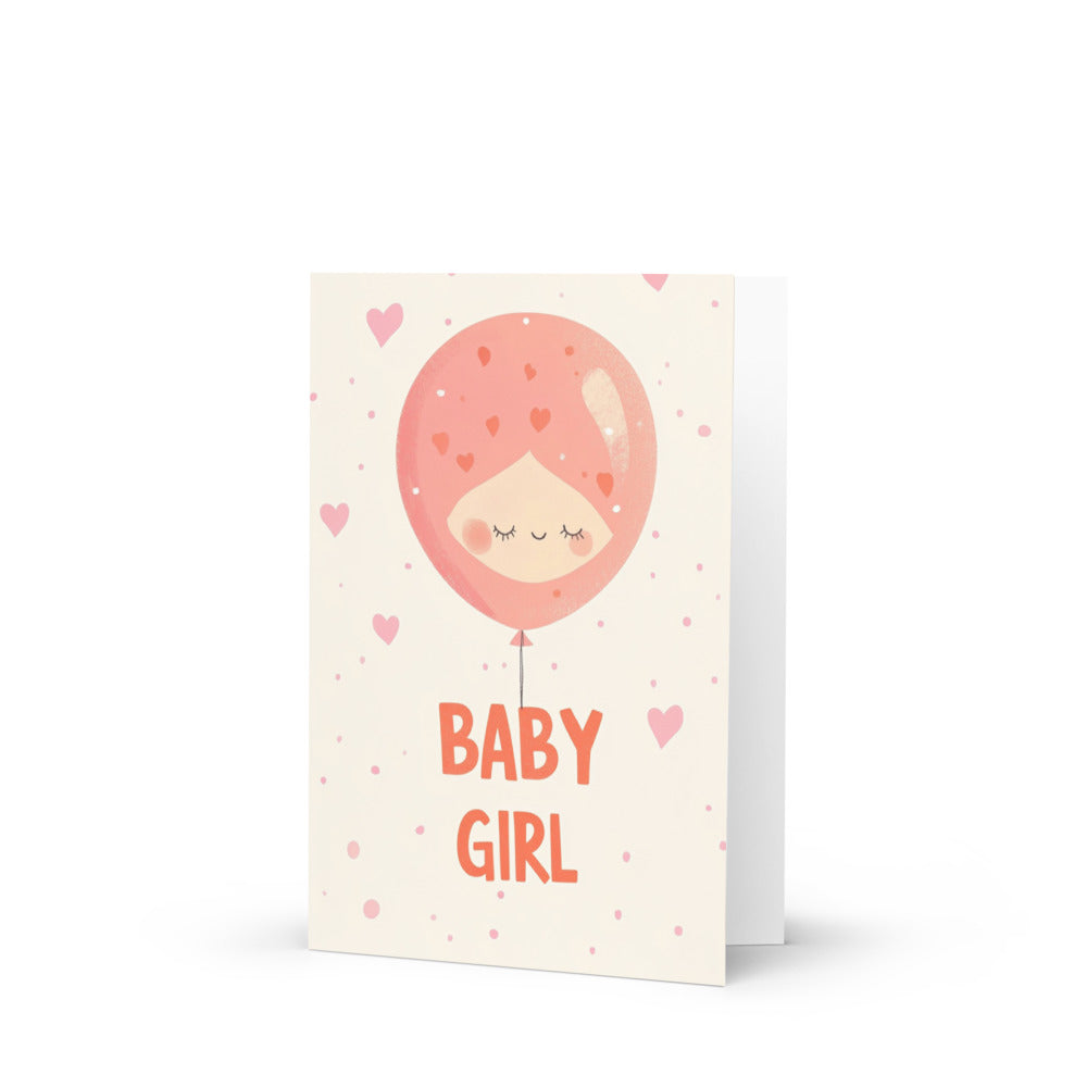 Whimsical Baby Girl Greeting Card featuring a playful balloon design shaped like a girl's head with pink hair, perfect for baby showers and welcoming newborns. Ideal for heartfelt messages.