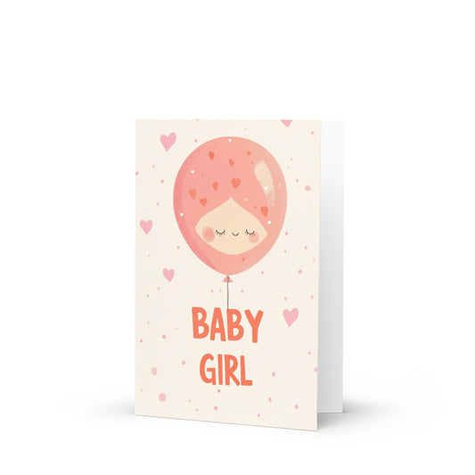 Whimsical Baby Girl Greeting Card featuring a playful balloon design shaped like a girl's head with pink hair, perfect for baby showers and welcoming newborns. Ideal for heartfelt messages.