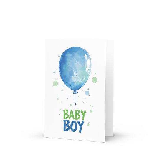 Charming Baby Boy Balloon Greeting Card featuring a whimsical blue balloon with 'BABY BOY' text in vibrant green, perfect for celebrating new life with a clean white background and pastel watercolor accents.