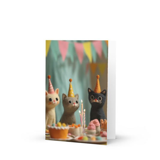 Whimsical birthday cats greeting card design featuring three adorable felted cats wearing colorful party hats surrounded by birthday treats, perfect for cat lovers and birthday celebrations.