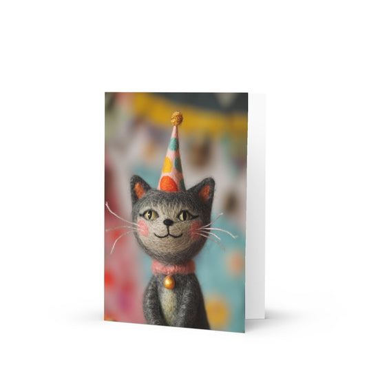 Whimsical birthday card featuring a gray cat wearing a colorful polka-dotted party hat, perfect for celebrating special occasions with cat lovers.