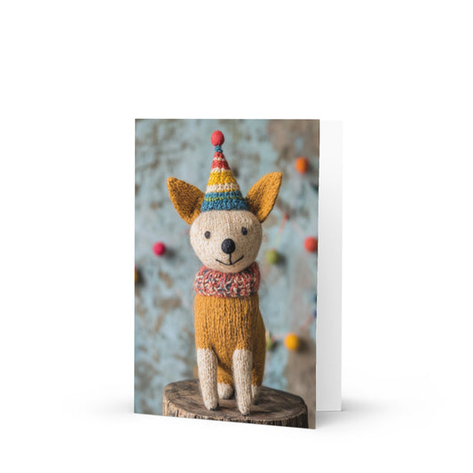 Colorful felted dog birthday card showcasing a whimsical design with a playful dog wearing a vibrant party hat and cozy scarf, perfect for dog lovers and birthday celebrations.