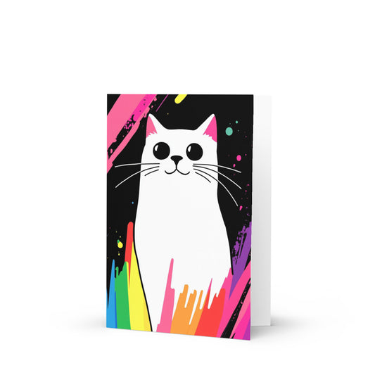Vibrant Rainbow Cat Greeting Card featuring a cartoon white cat on a bold black background, colorful paint splashes adding a lively touch, perfect for cat lovers and art enthusiasts, ideal for all occasions.