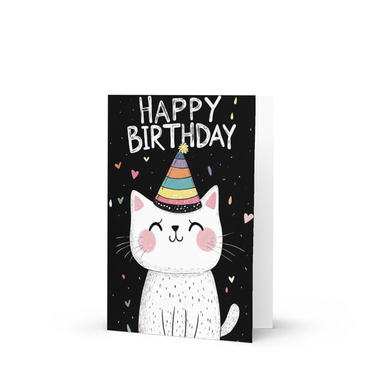 Whimsical birthday card featuring a cartoon white cat wearing a colorful striped party hat, surrounded by vibrant hearts, perfect for cat lovers who appreciate unique and fun designs.