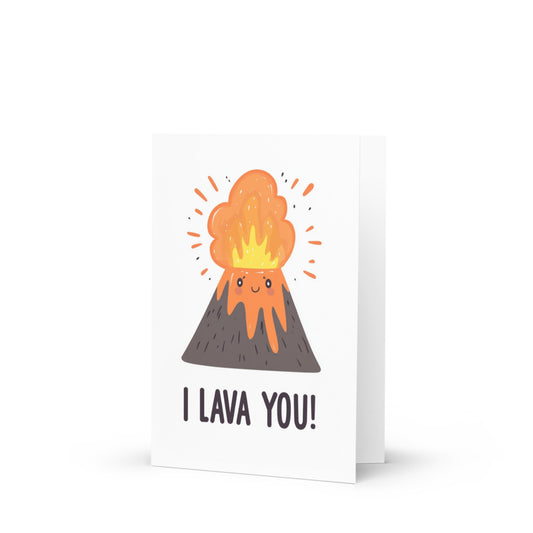 I LAVA YOU greeting card featuring a cute cartoon volcano with a smiling face and vibrant lava colors, perfect for expressing love on Valentine's Day or anniversaries, designed by Meet The Flemlands.