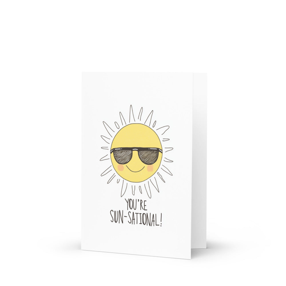 A cheerful Sun-Sational Birthday Card featuring a hand-drawn smiling sun with sunglasses, surrounded by rays, perfect for celebrating special occasions with warmth and joy, ideal for friends and family.