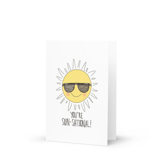 A cheerful Sun-Sational Birthday Card featuring a hand-drawn smiling sun with sunglasses, surrounded by rays, perfect for celebrating special occasions with warmth and joy, ideal for friends and family.
