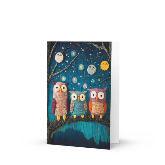 Charming felted owls perched on a branch under a starry night sky, featuring intricate woven details and whimsical design perfect for greeting card lovers and owl enthusiasts.