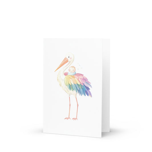 Charming rainbow stork birth card featuring a cute gay stork carrying a baby, designed for LGBTQ+ parents, showcasing soft pastel watercolor and gouache art on a white background, perfect for baby announcements.