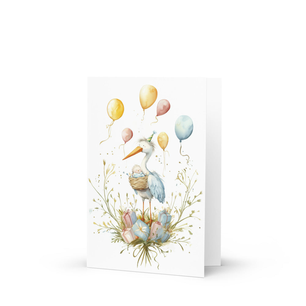 Charming Surrogate Birth Anniversary card featuring a whimsical stork carrying a baby in a cozy nest surrounded by soft pastel balloons and floral elements, perfect for celebrating surrogacy journeys.