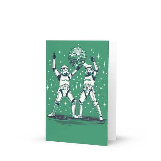Dab-tastic Stormtrooper Greeting Card featuring two stormtroopers dancing in front of a disco ball, vibrant green background, perfect for Star Wars fans and quirky card lovers.