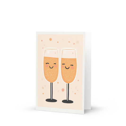 A vibrant congratulatory greeting card featuring animated champagne glasses filled with sparkling orange wine, perfect for celebrations and special occasions, showcasing a minimalist risograph print style.