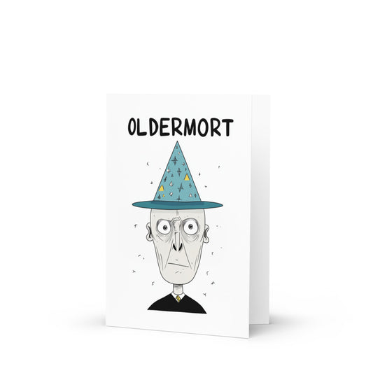 Funny Oldemort birthday card featuring a whimsical cartoon character with a snake nose wearing a colorful birthday hat, perfect for fans of magical humor and fantasy-themed celebrations.