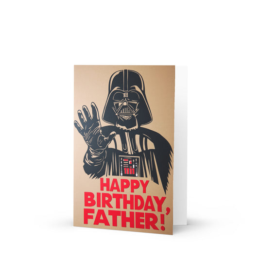 Darth Vader birthday card featuring a cut-out silhouette with candles, perfect for Star Wars fans celebrating a father's birthday, in playful design on brown background.