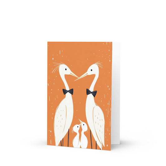 Congratulations card featuring two gay dads with their baby heron, illustrated in a minimalist style with vibrant orange background, perfect for celebrating the arrival of their second child.