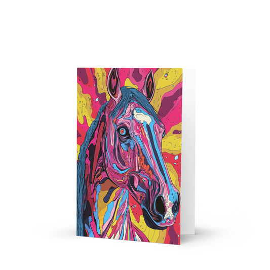 Vibrant trippy illustration of a horse in a psychedelic time warp, showcasing a unique blend of colors and patterns, perfect for art lovers looking for whimsical greeting cards.