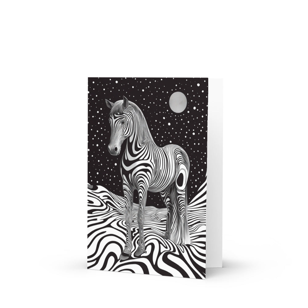 Trippy Horse Greeting Card featuring a whimsical black and white patterned horse on a surreal wavy landscape under a starry night sky, perfect for artistic greeting card enthusiasts.