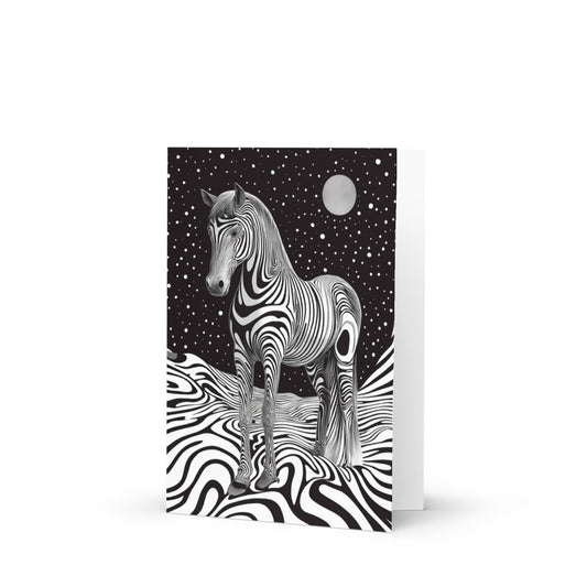 Trippy Horse Greeting Card featuring a whimsical black and white patterned horse on a surreal wavy landscape under a starry night sky, perfect for artistic greeting card enthusiasts.
