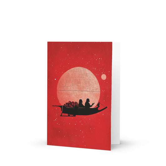 Star Wars inspired Christmas card featuring a minimalist design of the Death Star silhouette against a vibrant red background, showcasing futuristic robots pulling a sleigh full of colorful presents.