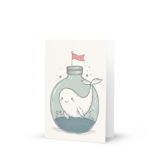 Charming white whale illustration inside a glass terrarium with a heart-shaped ribbon, perfect for greeting card lovers seeking whimsical designs in Gemma Correll style.